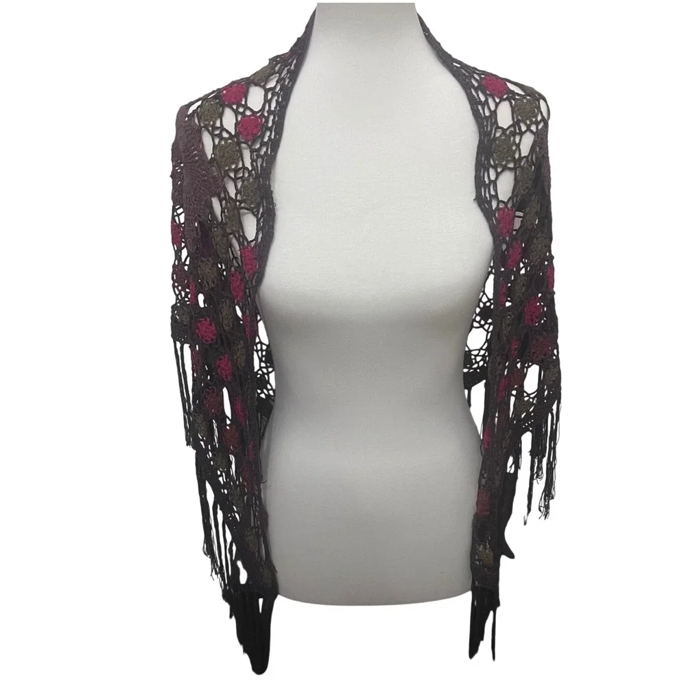 Boho Crochet Triangle Fringe Shawl Wrap‎ Earhtones Cottagecore Victorian Granny